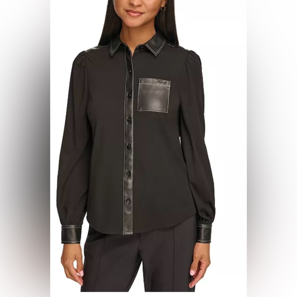 Karl Lagerfeld Black Button-Down Shirt with Faux Leather Trim